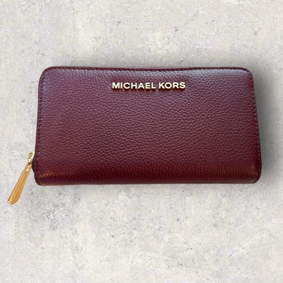 Michael Kors Handbags - MICHAEL KORS Wallet Clutch Organizer Gold Zip Around Burgundy Leather Like New
